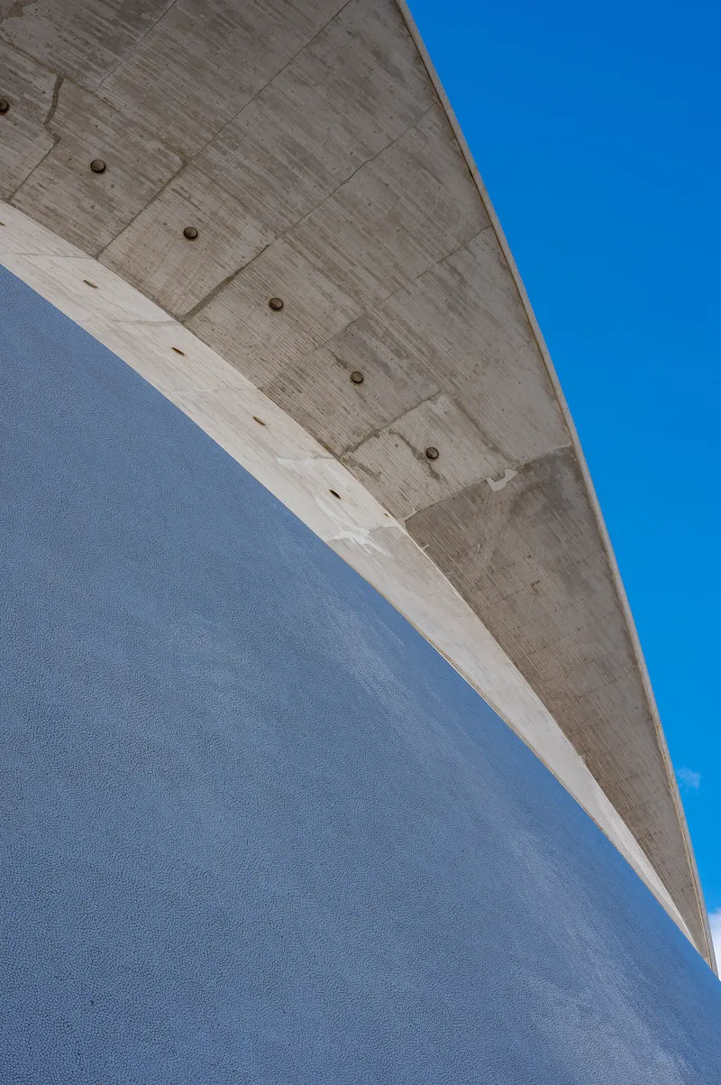 Close view of the underside of the main arch of the Auditorio de Tenerife meeting the dome surface, raw concrete texture visible