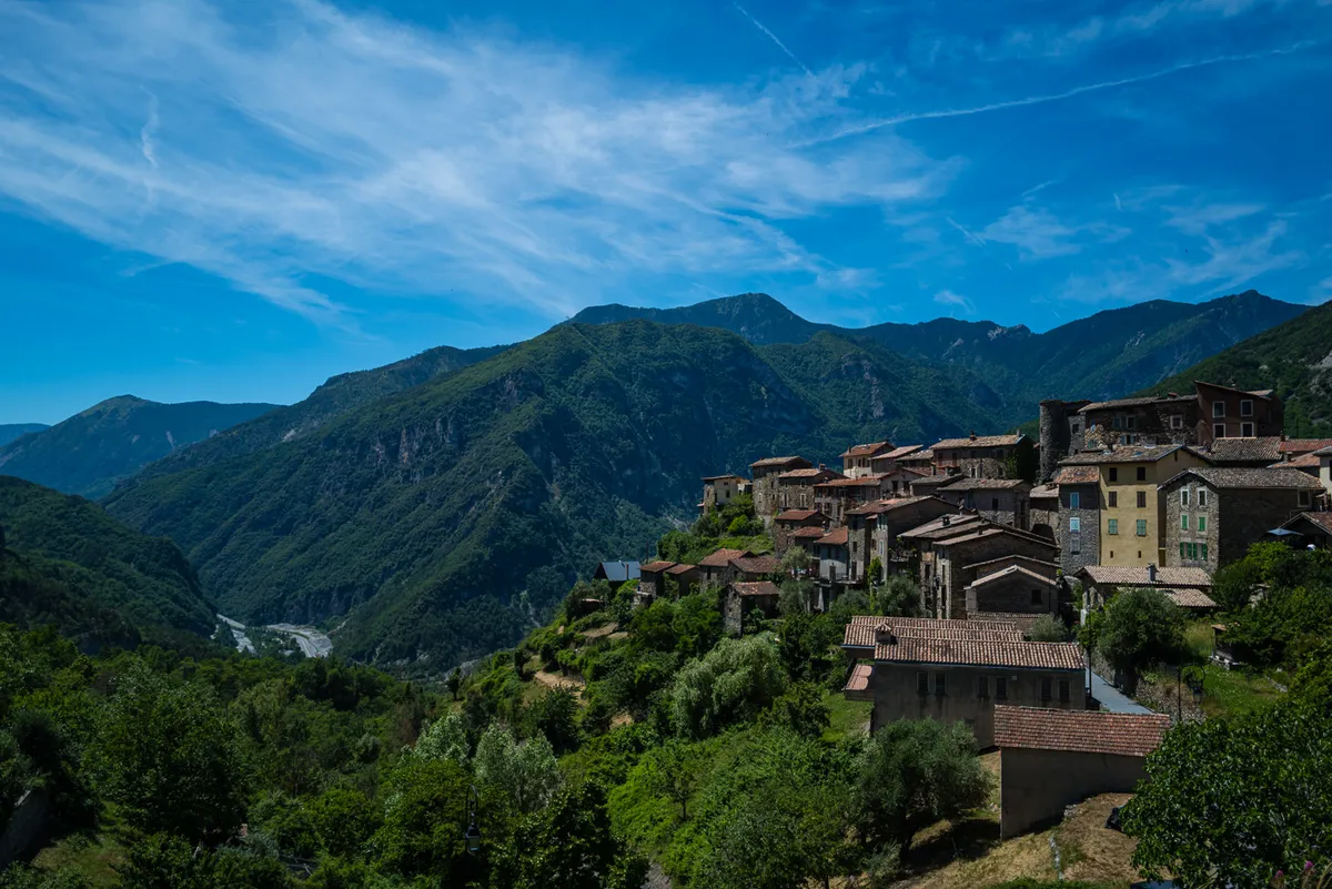 Marie village on the hillside with a long view across the valley, Alpes-Maritimes, Leica Q2