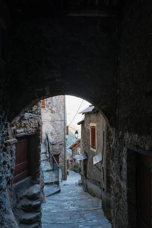 Warm evening light on stone houses in Roubion village, Alpes-Maritimes, Leica Q2