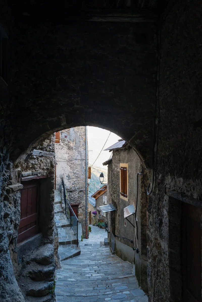 Warm evening light on stone houses in Roubion village, second night, Alpes-Maritimes, Leica Q2