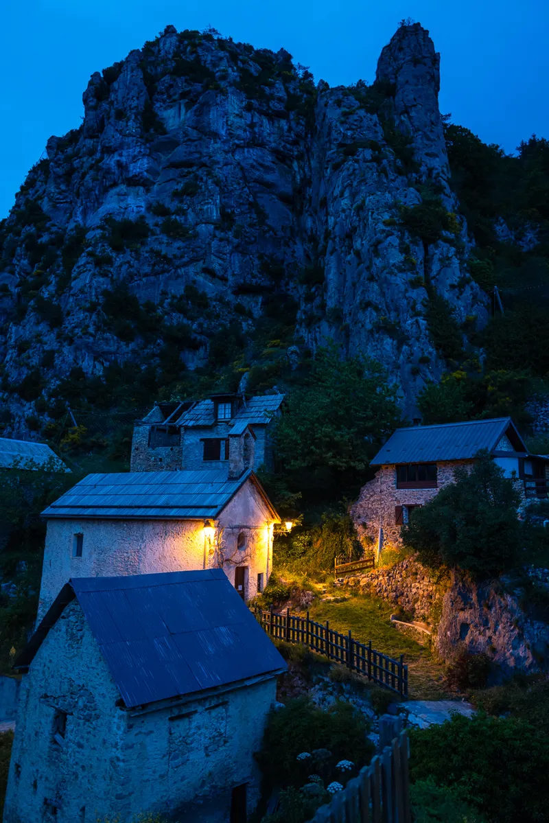 Stone steps and wall in Roubion perched village at night, Alpes-Maritimes, Leica Q2