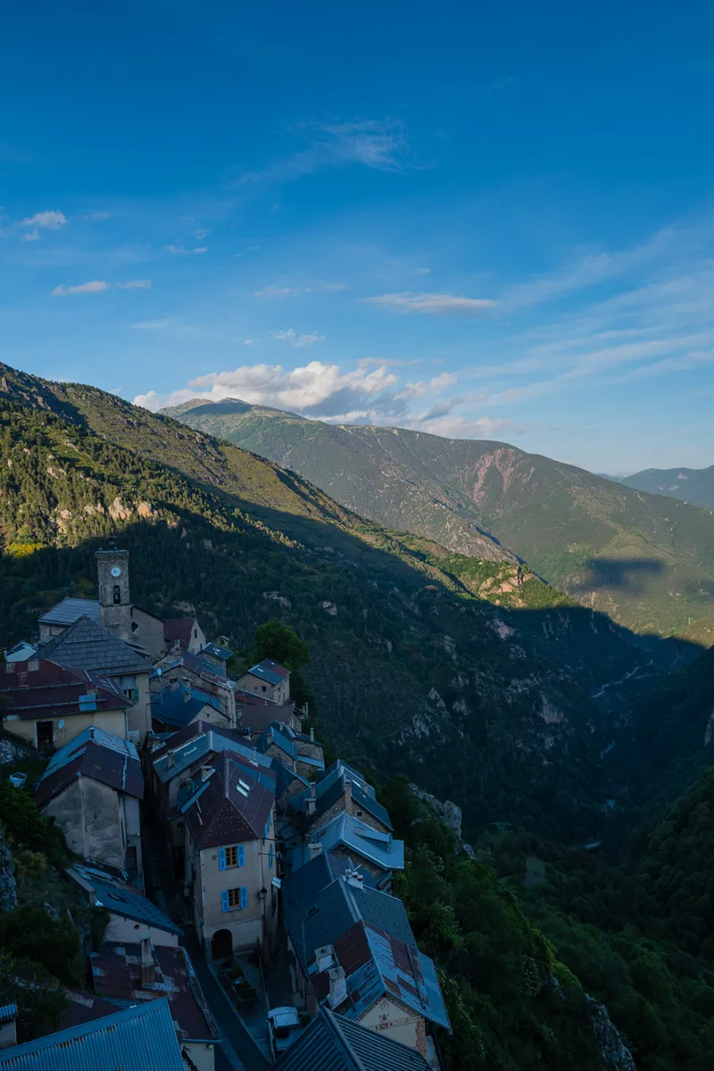 Roubion village walls and mountain sky at dusk, Alpes-Maritimes, Leica Q2