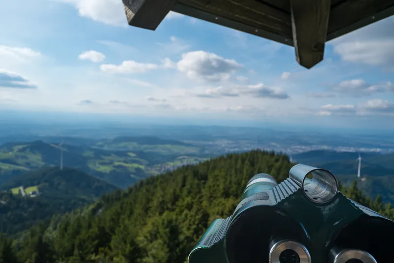 Coin-operated telescope at the Schauinsland observation point with a sweeping view of the Rhine valley below, Freiburg, Leica Q2