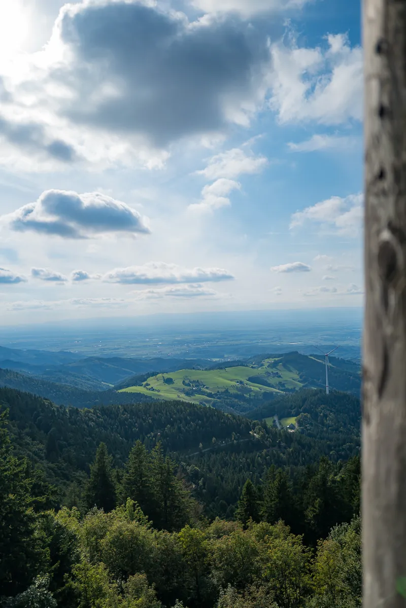View through wooden posts of the Schauinsland observation tower across the valley and meadows below, Black Forest, Leica Q2