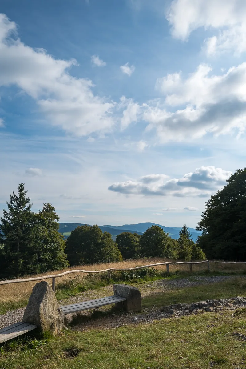 Stone-footed wooden bench at the Schauinsland summit with grassy meadow, beech trees and Black Forest mountains, Leica Q2