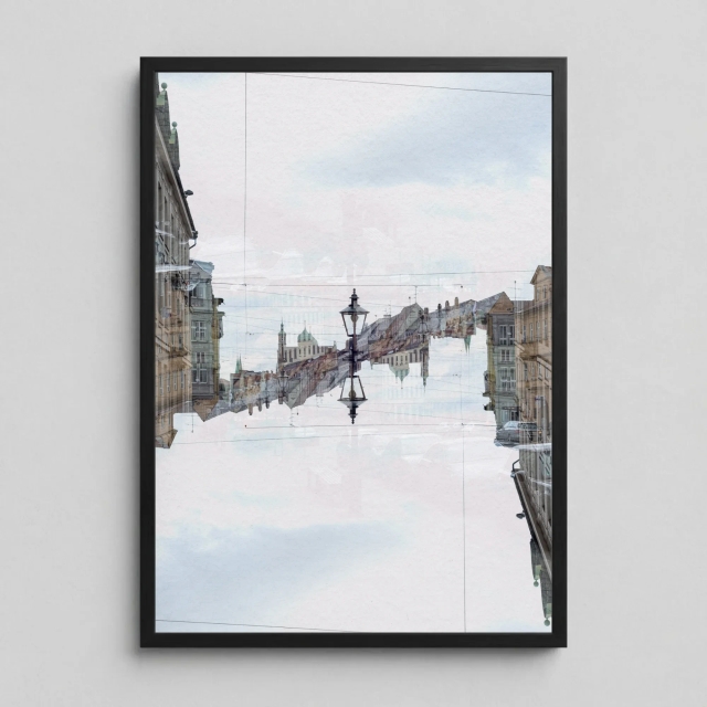 Maxstr, related abstract and multiple exposure fine art photography print from Augsburg, Germany in white, beige, and blue tones.