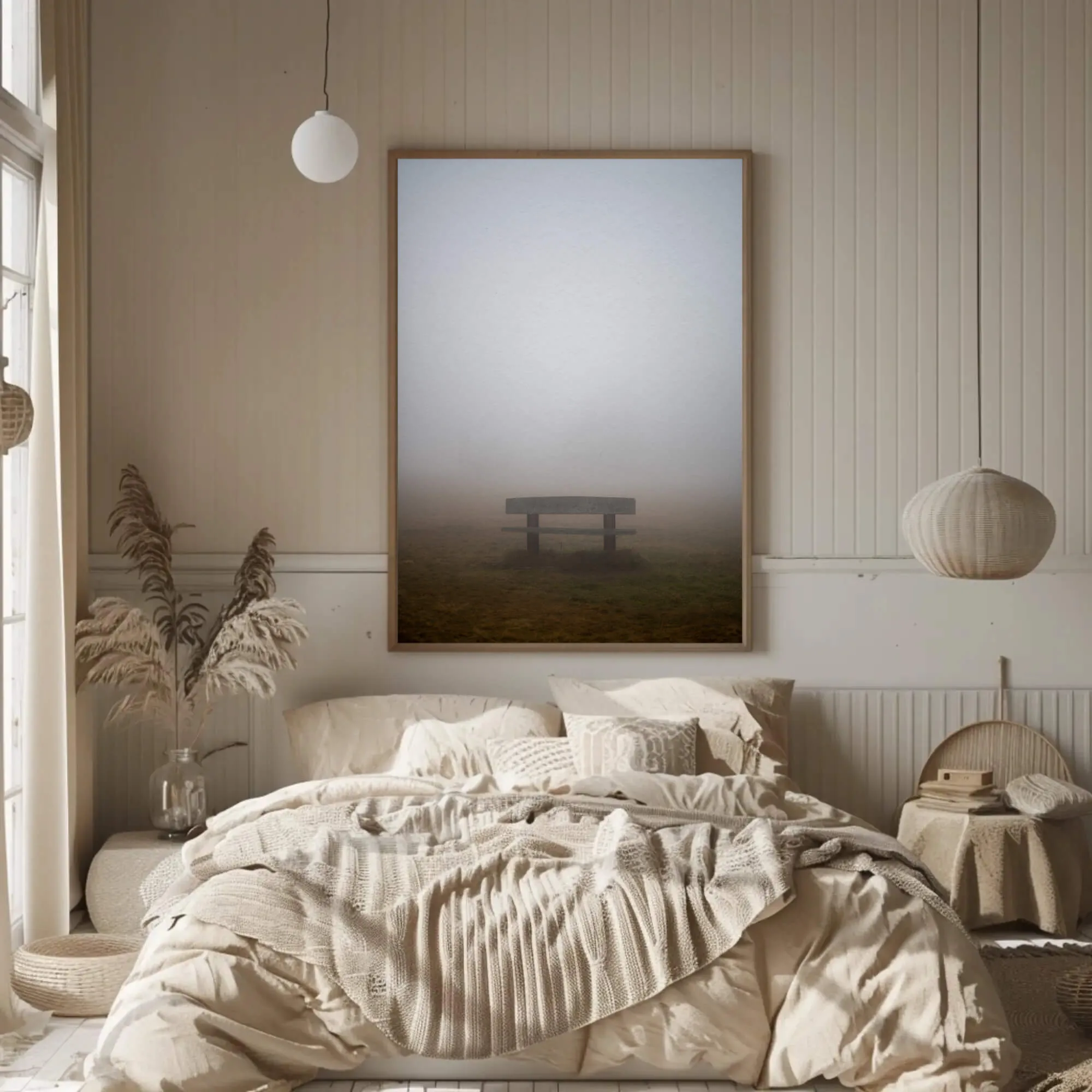 Rest in a bedroom setting, Rest, minimalist wall art photograph from Black Forest, Germany in beige, grey, and brown tones.